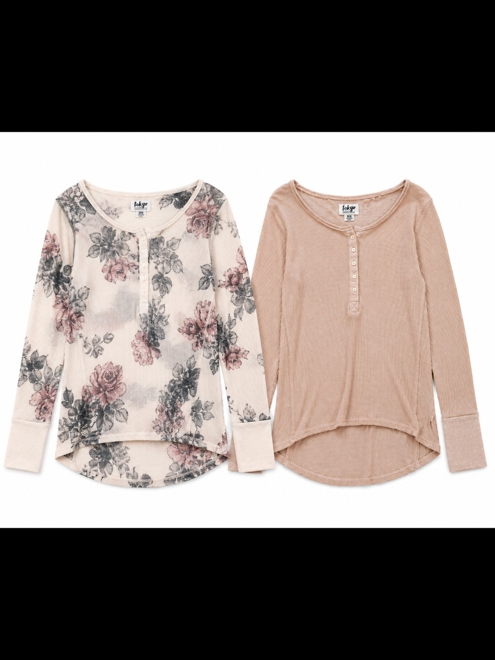2-Tokyo Darling Cream Floral & Beige  Ribbed Henley Long Sleeve Waffle Tops
